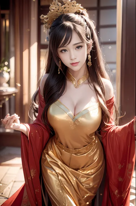 ((Best Quality)), ((Ultra High Resolution)), ((Realistic)), Fine details, Age 19 on Appearance, Black hair, Perfect face shape, Moderate Makeup:1.5, Face lighting, Accentuating Details, Long hair, Wearing Chinese Wedding Dress, Gold Headgear Decoration, Ho...