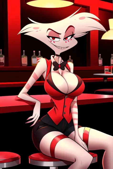 angel dust hazbin hotel, big breasts, wide hips, wearing vest, wearing black shorts, cleavage, highly detailed, hi res, high res...