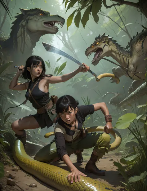A blend of comic book art and lineart full of natural color, a young brave and fierce angry Vietnamese girl in the jungle fighting a snake and dinosaurs with a machete, the best quality, masterpiece, high-resolution, acrylic painting, trending on Pixiv fan...