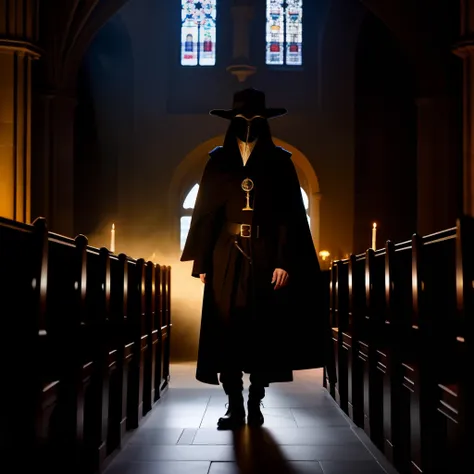 a  plague doctor in an medieval cathedral,   occult, dark theme, volumetric light, natural light, eyes hidden, dark lighting, gl...