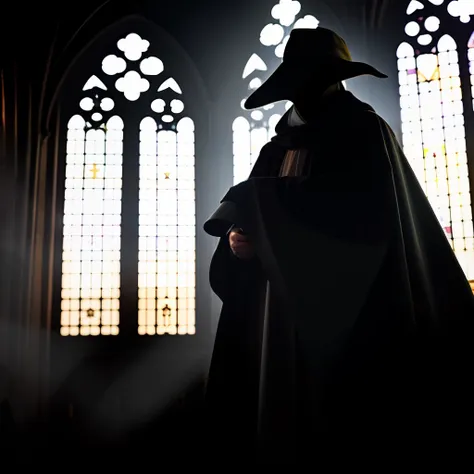 a  plague doctor in an medieval cathedral,   occult, dark theme, volumetric light, natural light, eyes hidden, dark lighting, gl...