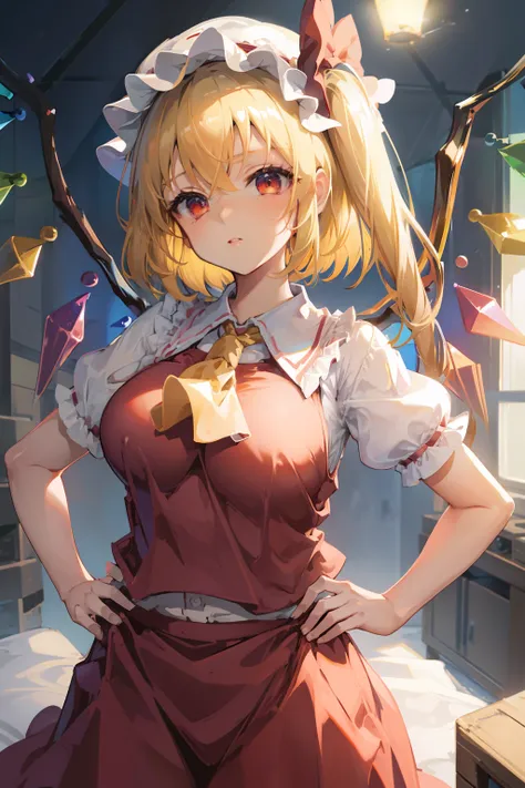 (masterpiece),best quality, expressive eyes, perfect face, 1girl,
big breast, H-cup, good breast, beautiful, gorgeous,anime,girl,lora, floating clothes, tent chest ,
hands on waist, hands on hips, nipple visible though clothes,flandre scarlet,
1girl,blond...