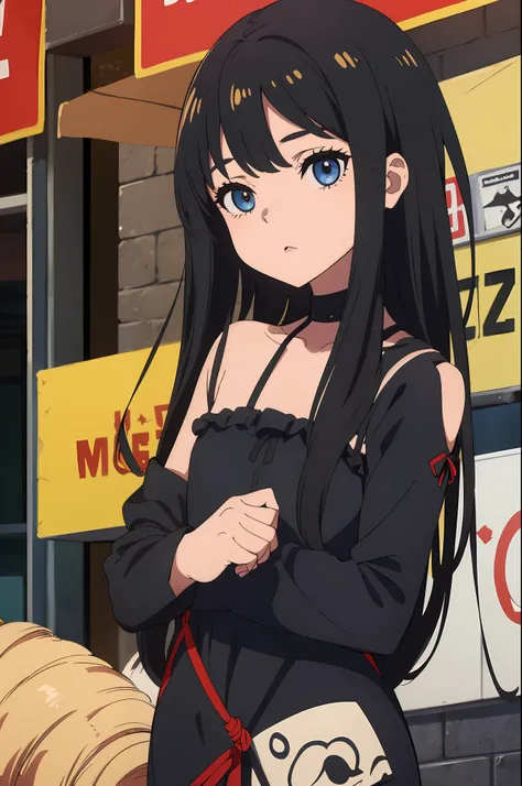 gotic girl, olhos sombreados, Egirl, gargantilha, vestido preto, sentada, cabelo negro, olhos sombreados de negro, olho vermelho