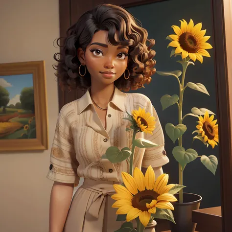 a black woman with curly hair short sunflower vase