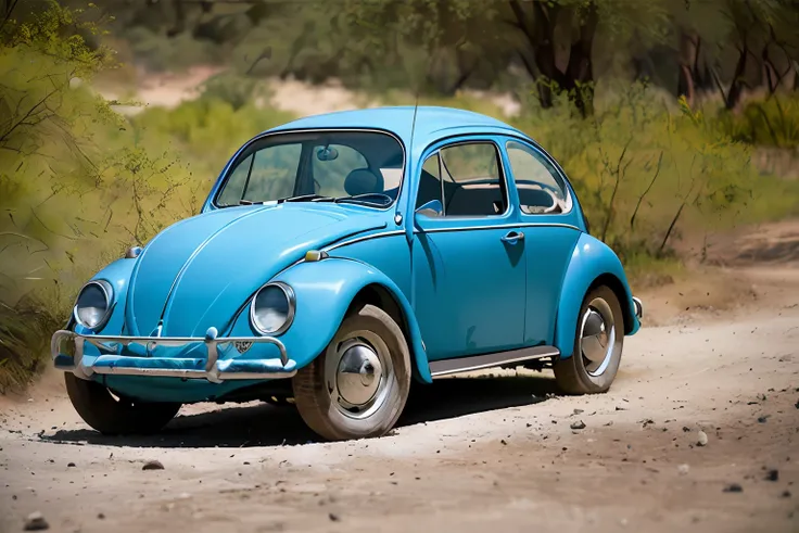 Grim analog photo of a Volkswagen Beetle car (azul), ((three-quarter view)), (dark sunset), dirigindo em uma estrada de terra, (Dilapidated city), 1969, ((filme de terror)), Filmes Slasher, massacre de motosserra texas, Culto Amish, grain of film, retro, a...