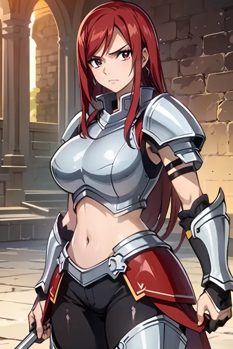 (masterpiece, top quality, best quality), 4k, perfect-lighting, symmetrical face, solo, erza scarlet, devastating look, red hair...