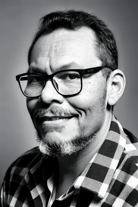 guttonervision8, a black and white photograph of a man with a goatee, a subtle smile, wearing a plaid shirt in a lumberjack styl...