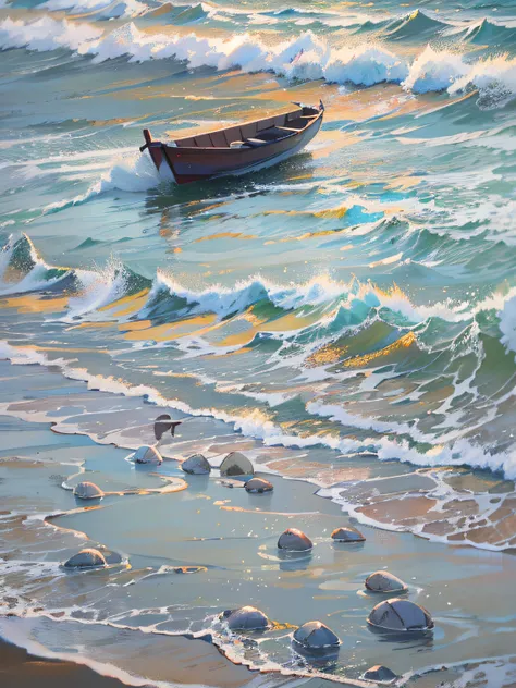 On the beach by the sea,The golden sun shines on the delicate and white sand,The waves gently lapping against the rocks,Bring out a cool sea breeze。Seagulls soar in the air,There is a small boat moored quietly on the sea。Clouds in the sky come in different...