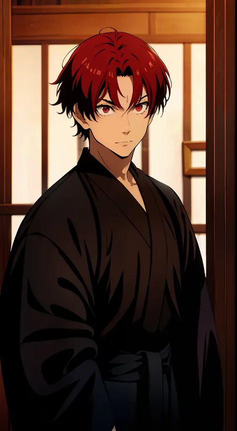 guy with short red hairs, wearing a  black kimono, red eyes, strong, scar crossing the left eye