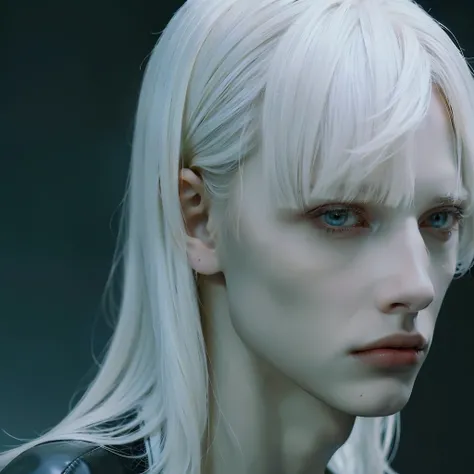 Photography, BALENCIAGA, best quality, 1 boy, man, face photo, sharp face, slim face, sculptural defined, black background, shadows, dark light, photo portrait, focus face, predator look, white hair, bangs, white hair, blonde hair, light hair, white hair, ...