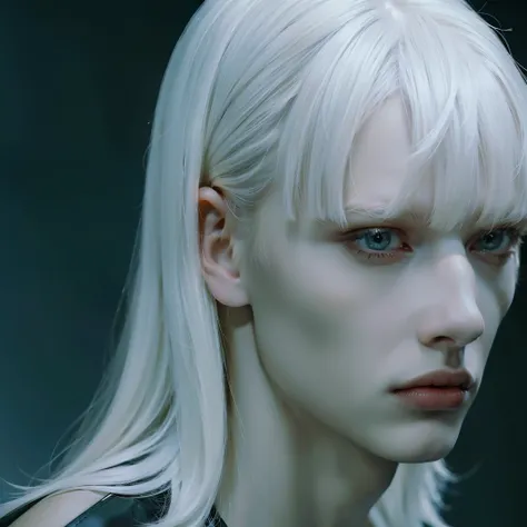 Photography, BALENCIAGA, best quality, 1 boy, man, face photo, sharp face, slim face, sculptural defined, black background, shadows, dark light, photo portrait, focus face, predator look, white hair, bangs, white hair, blonde hair, light hair, white hair, ...