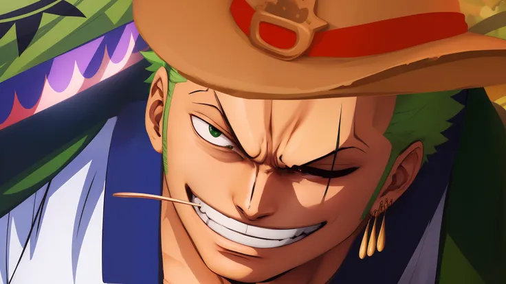 (obra-prima, melhor qualidade:1.2), zoro, roronoa zoro, (melhor qualidade), anime characters with hats and green hair and a smil...