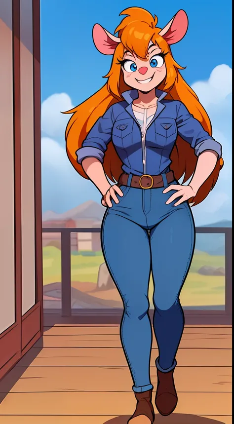 gadget_hackwrench, tiro de cowboy, sorriso, solo, Denim Jeans Pants, jaqueta pequena, botas altas, (alta qualidade: 1.2), obra-prima, detalhado, highres, 4k, foco nítido, estilo simples, desenho animado,