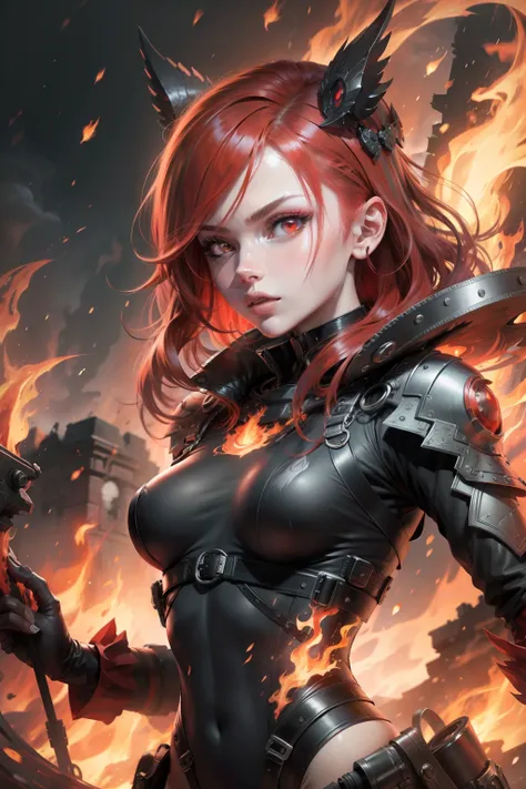 masterpiece, best quality, absurdres, 1girl, red eyes, glowing eyes, red hair, flame hair, flames, chasing, enrage, puffy lips, ...