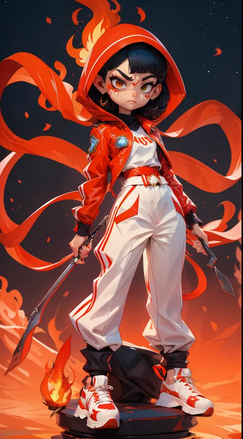 A hijab girl, blood on face, angry, holding fire, dynamic pose, celebrated victory,wear white and red outfit, long sleeve, long big pant, detailed sky, abstract background, (flame_surge_style:0.5), dynamic flame in background, realistic
