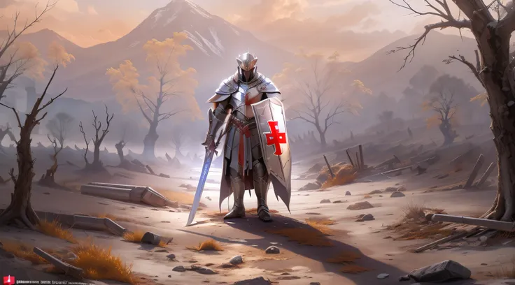 An imposing Knight Templar stands in a desolate landscape, wearing shining armor with a red cross on his chest. He wields a long sword and holds a shield adorned with the symbol of the Templars. In the background, debris and smoke bear witness to past batt...