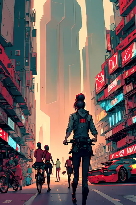 (masterpiece, best illustration, extreme light and shadow), a Chinese granny on an e-bike shouting on a smartphone, three school kids behind her, Chinese school uniforms , driving crazy fast through a crowded street (cyberpunk:1.2), (lens flare, light lea...