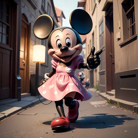 minie mouse, ciberpunk, wearing glasses in clothes in a dress