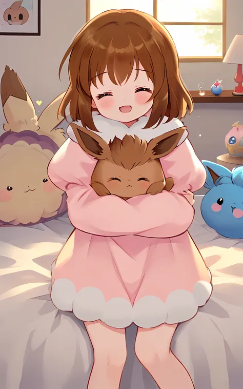 cute smol happy 1girl hugging her solo cute happy floofy (eevee)+ pokemon, warm lighting, loving, cozy bedroom, colorful, (eyes ...