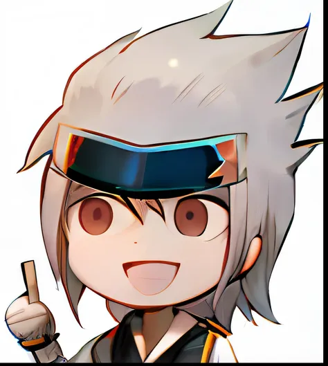 a happy guy with a knife and a blue-faced cartoon, fubuki, nagito komaeda, kakashi hatake, with a happy expression, happy emoji,...