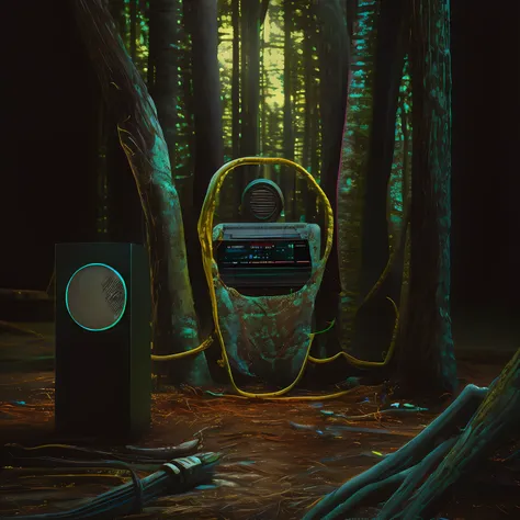 create an image of a dark, menacing forest with a speaker in the middle, realista