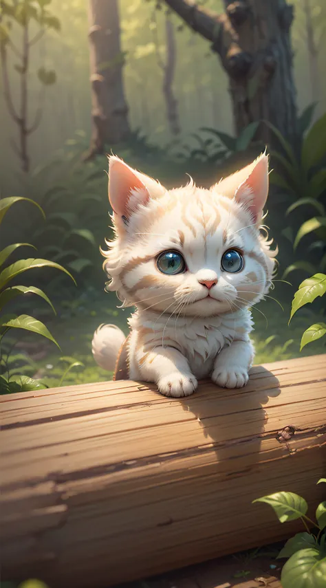 there is a little white cat sitting on a log with a camera, one eye to take pictures, cute digital art, cute digital painting, c...