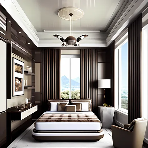 futuristic architectural digest photo of a (cozy upscale)++ (nutella chocolate chip milkshake deco oreo creme futurism)+ bedroom