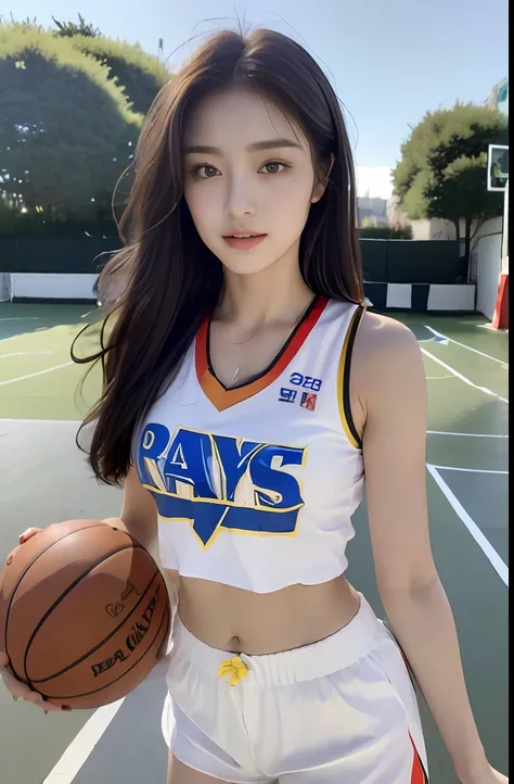 (8K,best qualtiy,tmasterpiece:1.2),(realisticlying,realisticlying:1.37),ultra - detailed,profesional lighting,basketball playground,Clear focus,rays of sunshine,1girll,美丽detailed eyes,A detailed eye, 二重まぶた,lewd poses,a narrow waist,,brown hair,messy hair...
