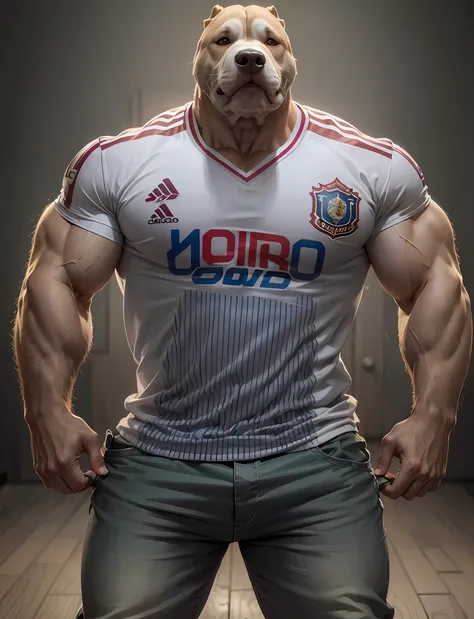 pitbull cachorro, Musculatura,Camisa de futebol, camisa esportiva, pitbull cachorro, Um retrato fotografia de corpo inteiro Um motorista de caminhoneiro pesado de meia idade trativo, balg Fisiculturista forte, musculoso, peludo de barriga grande, wearing a...