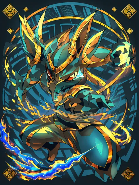 Neste design de camiseta impressionante, Lucario appears in a confident and serious pose, holding two Japanese swords in his skilled hands. Vestido com uma deslumbrante armadura dourada, He is the epitome of a formidable samurai warrior. The design has a c...
