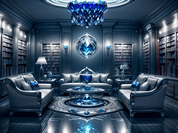 ((ultra detailed abstract photography of a silversapphireai library)), (living room interior:1.2), with light glowing, (masterpi...