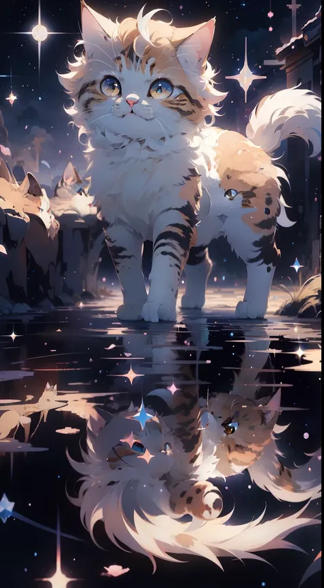 anime art wallpaper，background starry sky，eine katze，walk happily with your tail up，four different angles，4k clarity。draw realis...