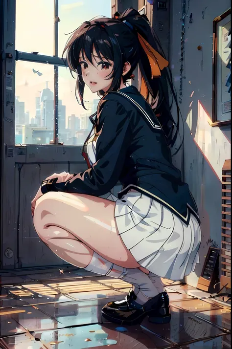 anime girl kneeling down in a room with a window and city in the background, beautiful anime girl squatting, the anime girl is c...