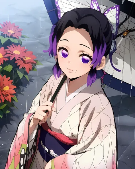 menina anime na roupa do quimono segurando o guarda-chuva na chuva, kimetsu no yaiba, demon slayer rui fanart, visual anime de u...