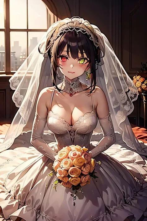(((Best quality))), ((Ultra-detailed)), ((illustration)), ((Disheveled hair)), ((frilld)), (1 girl), (Solo),(Red left eye:1.2),(Heterochromic pupils),(yellow right eye:1.2),(Clock-shaped right eye:1.0),(Wedding dress:1.4),