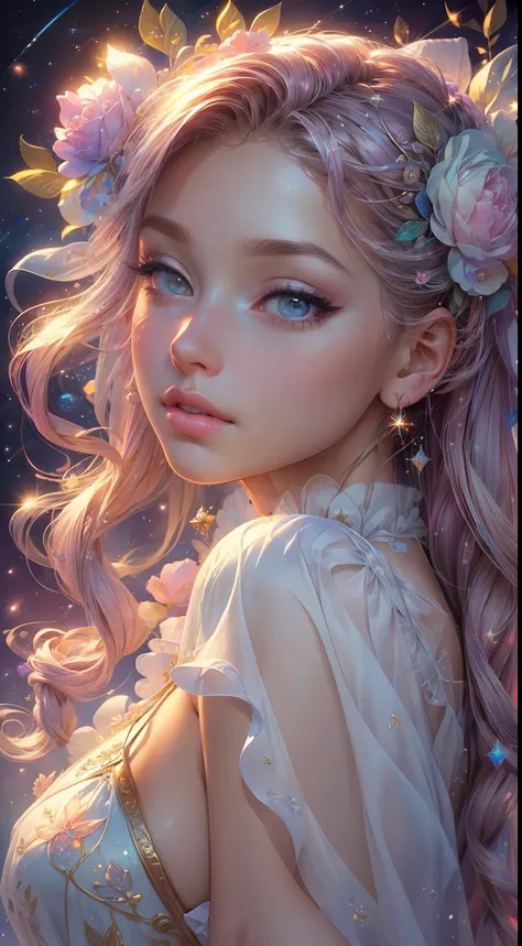 ((masterpiece)). this artwork is sweet, dreamy and ethereal, with soft pink watercolor hues and candy accents. generate a proud ...