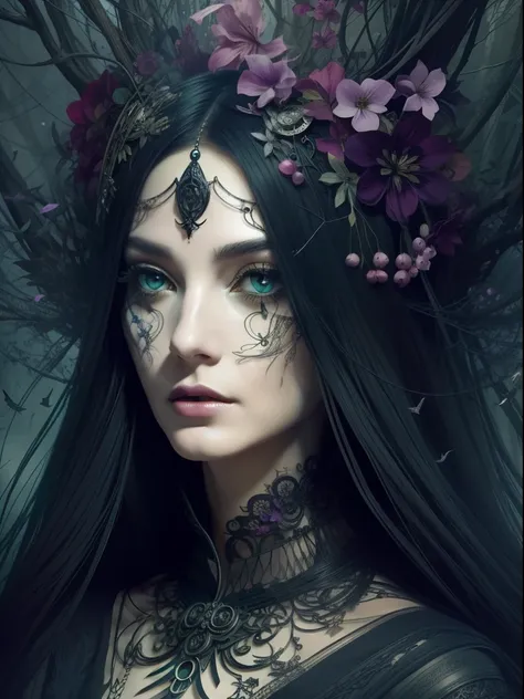 surreal witchcraft: an abstract character portrait of a master beautiful and fascinating witch, with her face surrounded by intr...