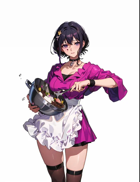 the cook in a purple dress holds pots and pans, fubuki, yayoi kasuma, misato katsuragi, official character art, chiaki nanami fr...