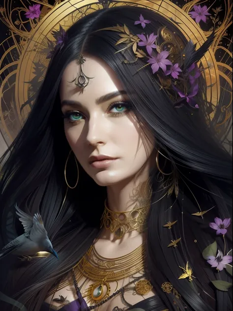 surreal witchcraft: an abstract character portrait of a master beautiful and fascinating witch, with her face surrounded by intr...