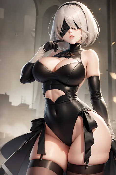 masterpiece, best_quality, 1girl, solo, yorha no. 2 type b, black blindfold, blindfold, wide hips, thick thighs,