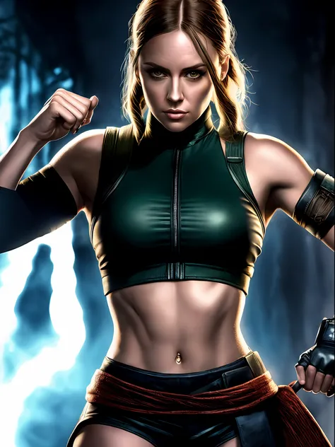 ((Sonya Blade para Mortal Kombat 2)), (inspirada em Jessica McNamee:1.2), in a fighting scenario with horror movie background, Auto retrato de rosto frontal, posing for camera, foco nítido, soft-lighting, melhor qualidade, 8k UHD, DSLR, grain of film, (fot...