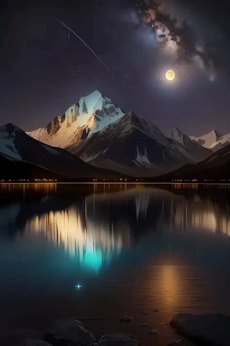 a clear night full of stars。brightly，extreme light，milky way，a giant moon behind the mountains。a tranquil lake reflects the nigh...