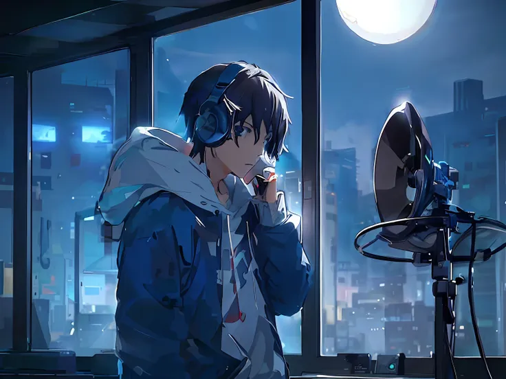 anime boy in a recording studio with headphones on, and a cell phone in hand, night core, anime wallpaper 4k, 4k anime wallpaper...