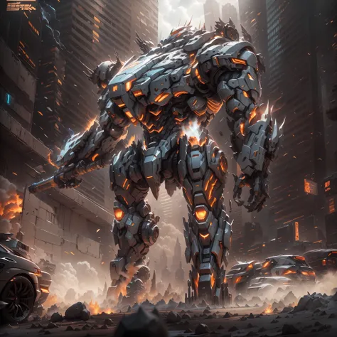 (Super mech sports car)、chariot,Sports cars,Back with a large amount of energy short barrels,Face the camera,Buildings、Energy cannon fire、Tall and mighty、strong armor、future-tech、Sharp lines、Dynamic styling、Mechanical joints、Armor plates、sensor、Energy weap...