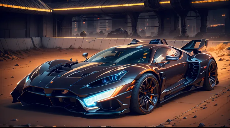 A sports car,mechs,Background cyberpunk,Best picture quality,High chiaroscuro,Cinematic texture,C4D render,Sharpen 1.4,Strong realism,The metal material is real,High detail and ultra-high image quality1.5,16K resolution,