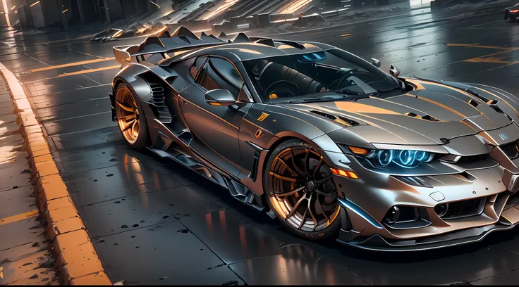 A sports car,mechs,Background cyberpunk,Best picture quality,High chiaroscuro,Cinematic texture,C4D render,Sharpen 1.4,Strong realism,The metal material is real,High detail and ultra-high image quality1.5,16K resolution,
