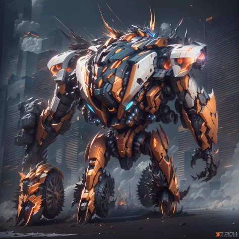 (Super mech sports car)、chariot,Sports cars,Back with a large amount of energy short barrels,Face the camera,Buildings、Energy cannon fire、Tall and mighty、strong armor、future-tech、Sharp lines、Dynamic styling、Mechanical joints、Armor plates、sensor、Energy weap...