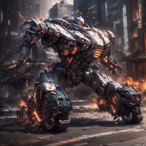 (Super mech sports car)、chariot,Sports cars,Back with a large amount of energy short barrels,Face the camera,Buildings、Energy cannon fire、Tall and mighty、strong armor、future-tech、Sharp lines、Dynamic styling、Mechanical joints、Armor plates、sensor、Energy weap...