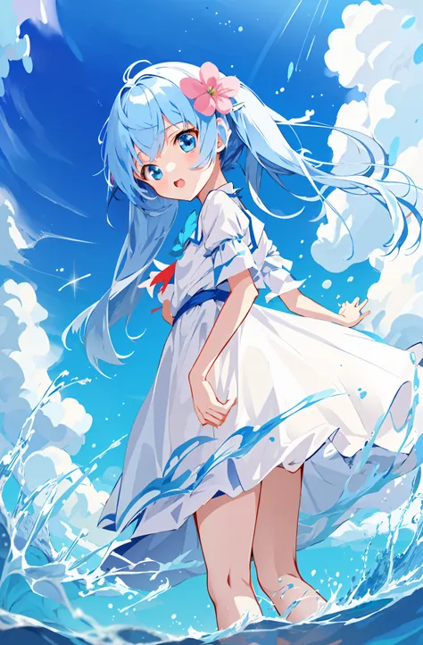 when an anime girl in a white dress stands in the sea、the hair flutters with the wind, loli in dress, cirno, lori, official artw...