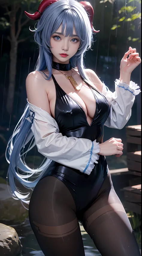 realisticlying, high resolution, 1 woman, Pale blue hair, Beautiful eyes, normal breast, Gan Yu costume,mitts, Horns, Neckbells, Pantyhose, Pink eyes, side locks, nipple tassels, White sleeves,(Sweet rain(the original god)),black pantyhoses
